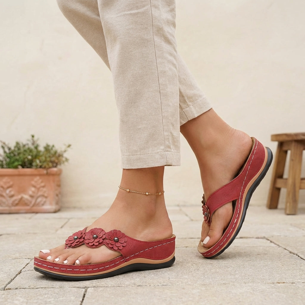 Elegant Wedge Thong Sandals with Floral Appliqués and Cushioned Footbed