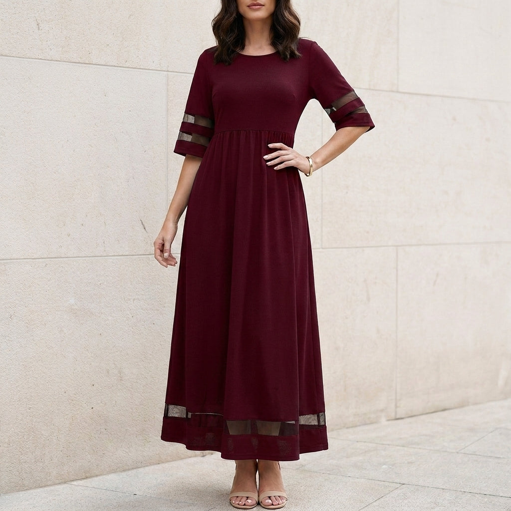 Flowing Maxi Dress with Sheer Sleeve Accents and Relaxed Fit