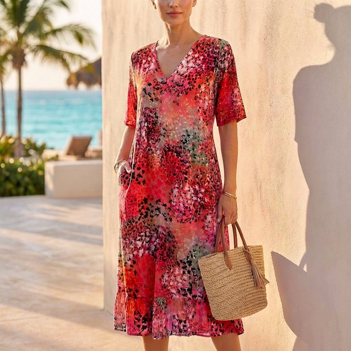 Chiffon Knee-Length V-Neck Dress with Lace Trim and Gathered Waist