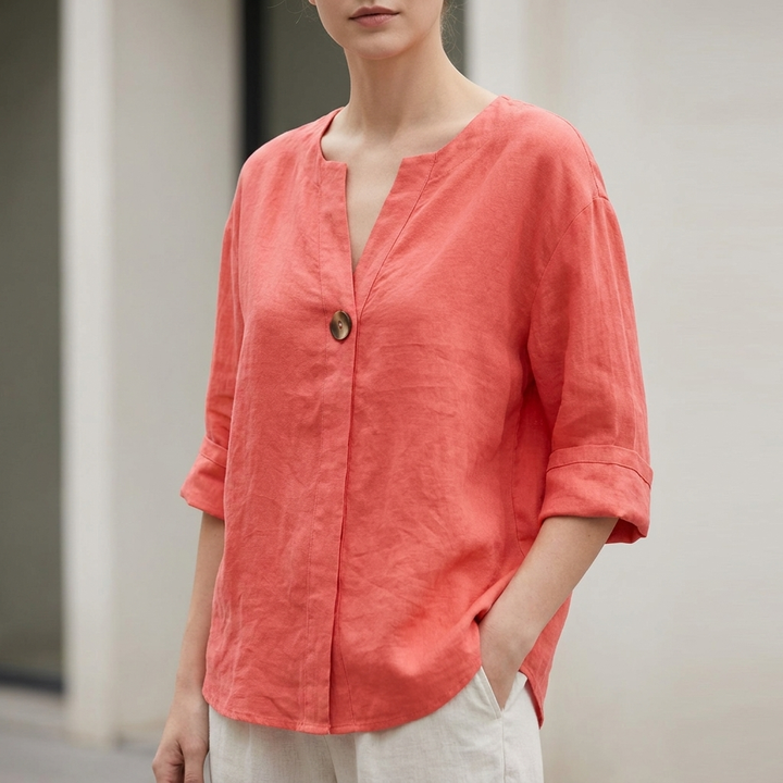 Relaxed Linen Blend Blouse with Statement Button Detail