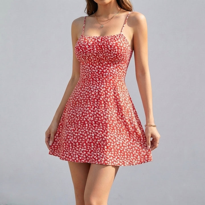 Floral Open Back Mini Dress with Cross Strap Detail