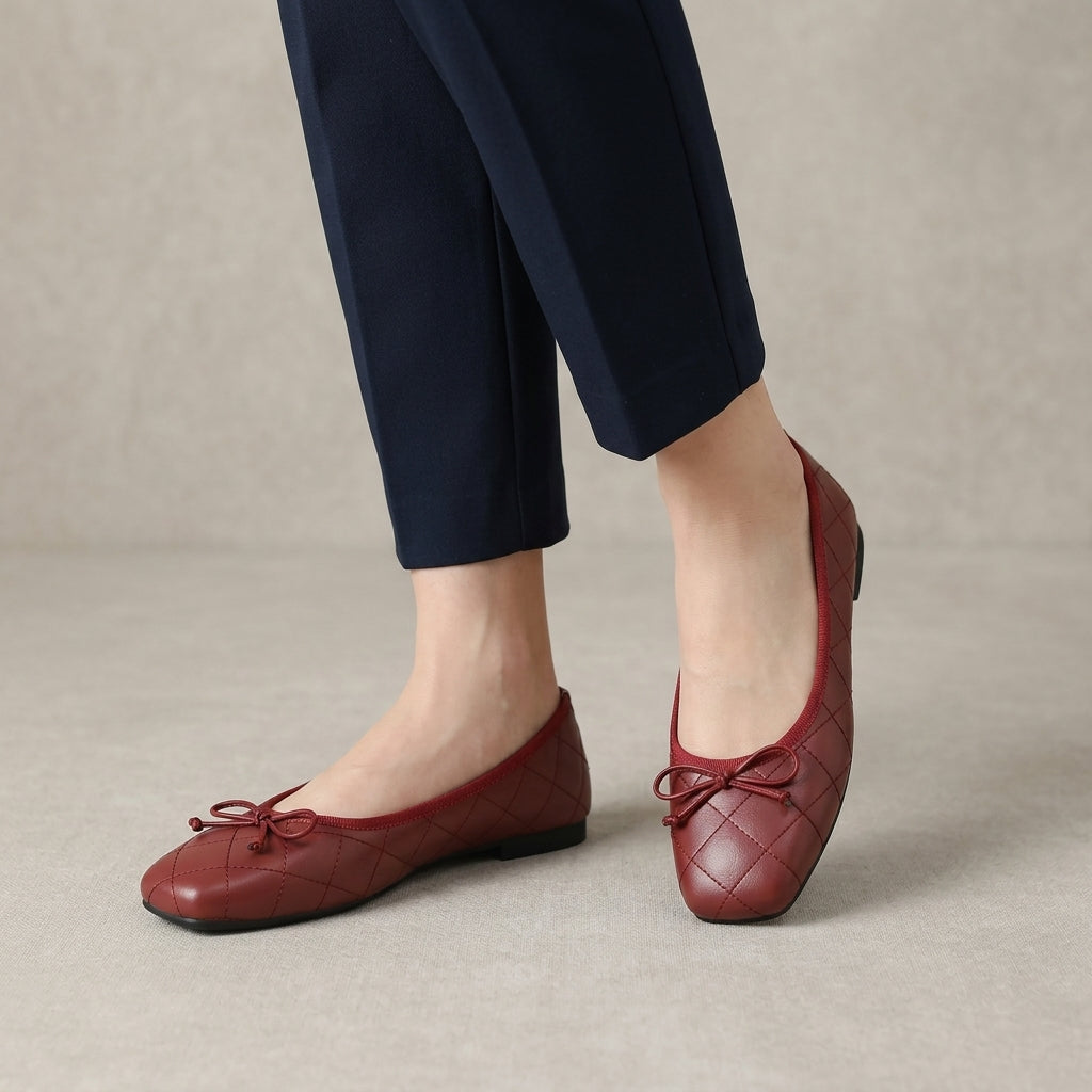 Quilted Ballet Flats with Square Toe and Delicate Bow Detail
