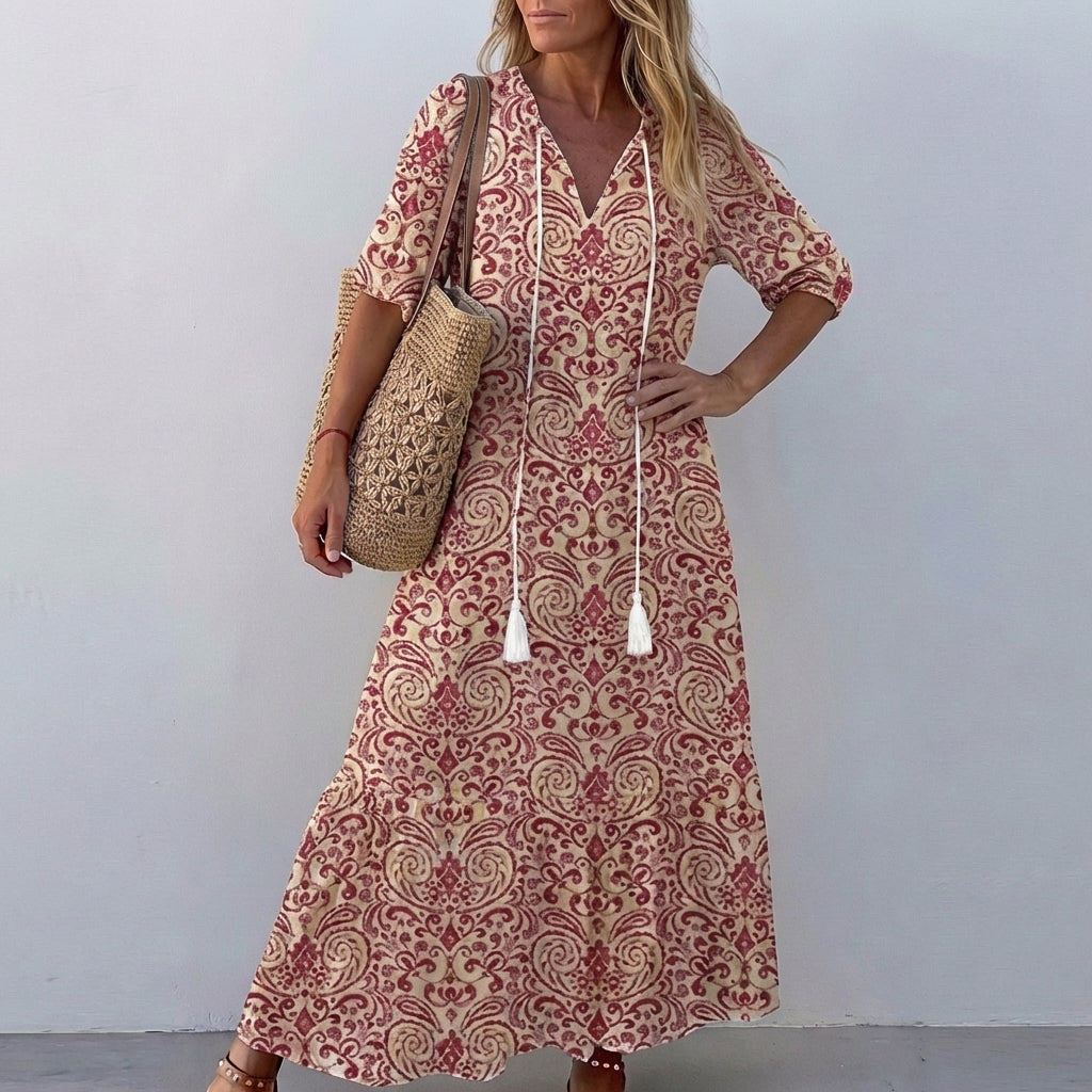 Boho Printed Maxi Dress with Tassel Tie Neck and Tiered Skirt