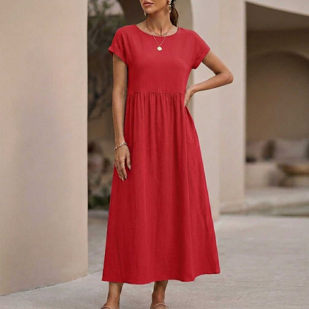 Relaxed-Fit Midi Dress with Gathered Waist and Pockets