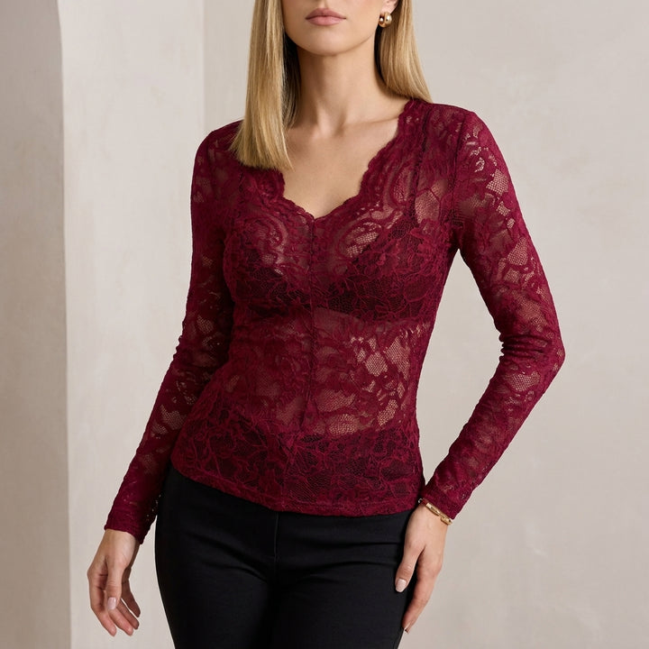 Fitted Sheer Floral Lace Top with Scalloped V-Neckline and Long Sleeves