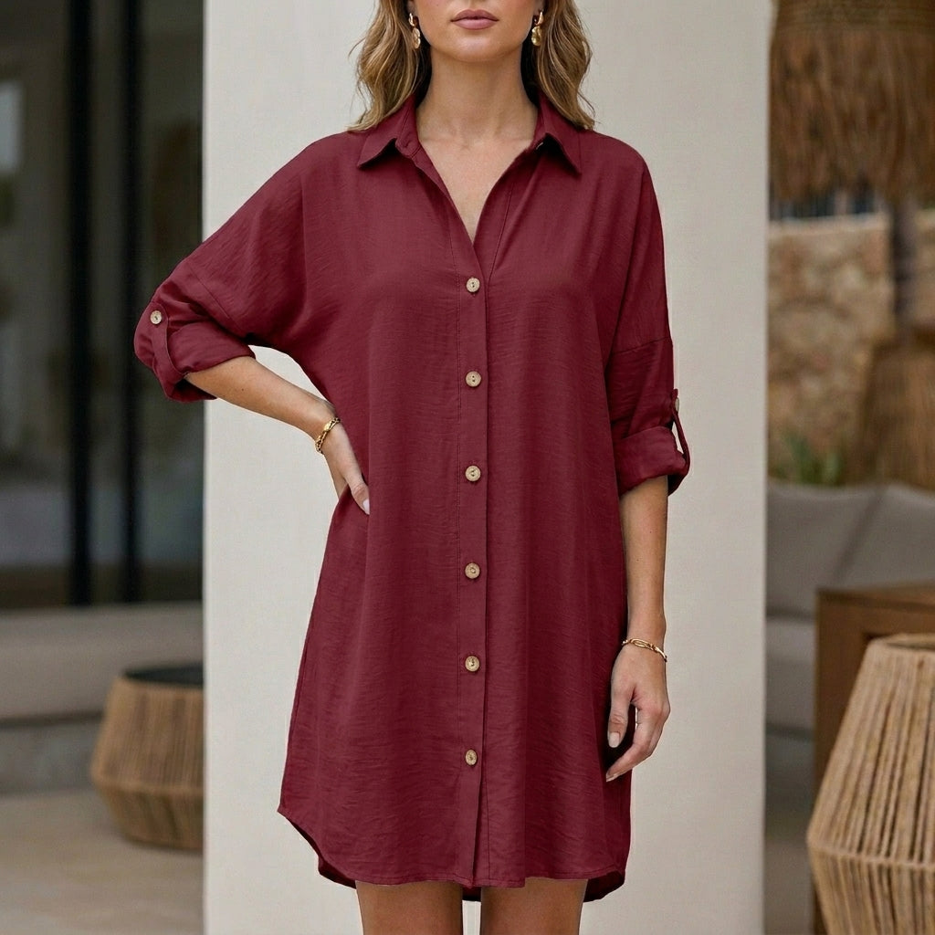 Relaxed Fit Mini Shirt Dress with Roll-Tab Sleeves