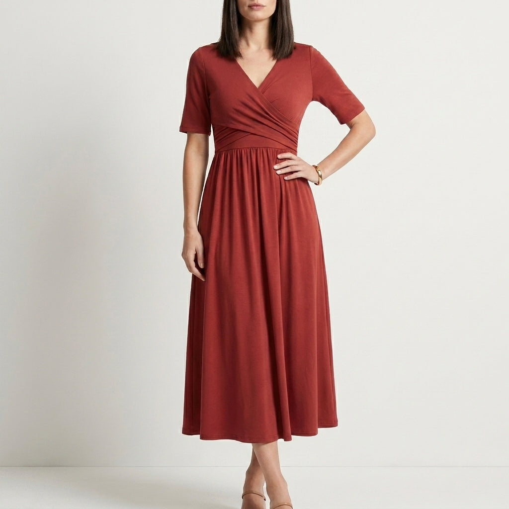 Flowing Wrap Front Midi Dress with Defined Empire Waist