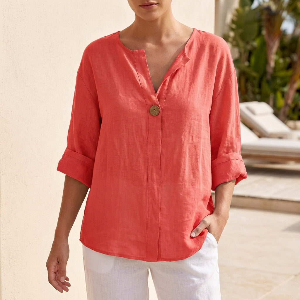 Relaxed Button Front Blouse with Split Neckline and Rolled Sleeves