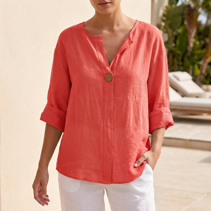 Relaxed Button Front Blouse with Split Neckline and Rolled Sleeves
