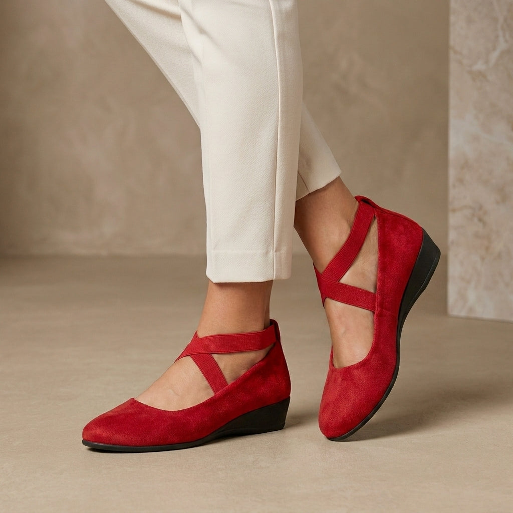 Comfort Ballet Flats with Cross Strap Detail and Low Wedge Heel