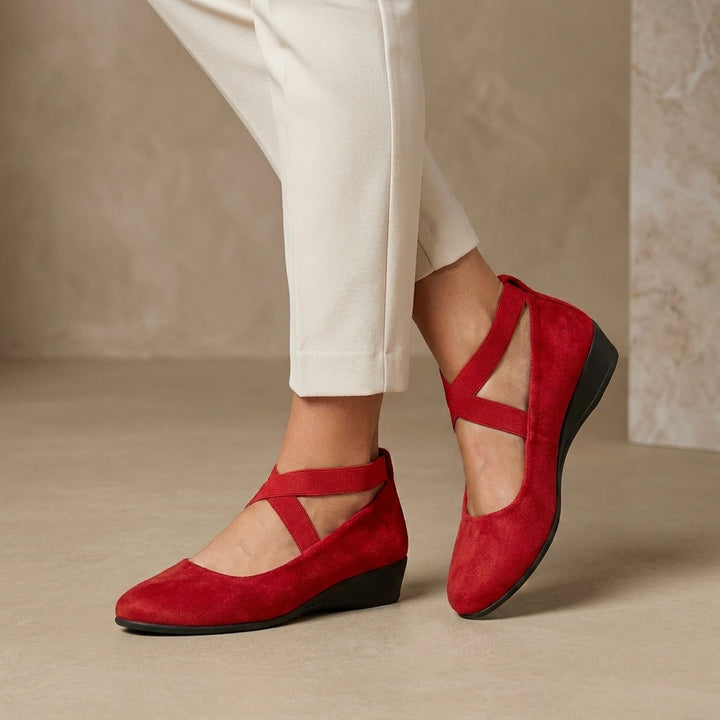 Comfort Ballet Flats with Cross Strap Detail and Low Wedge Heel