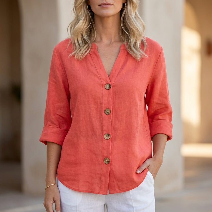Relaxed Button Front Blouse with Rolled Sleeves and Split Neckline