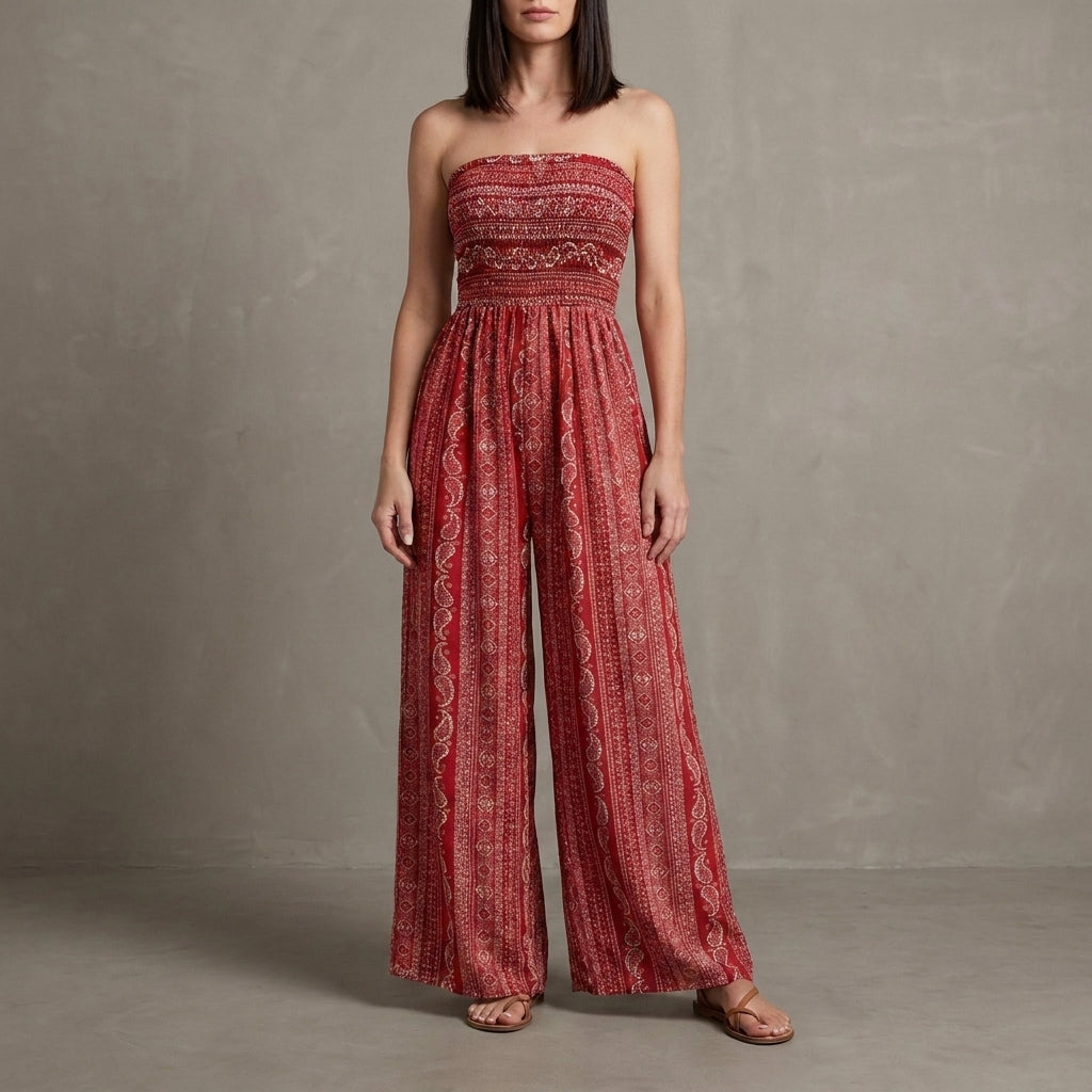 Smocked Strapless Wide Leg Jumpsuit with Ornamental Vertical Print