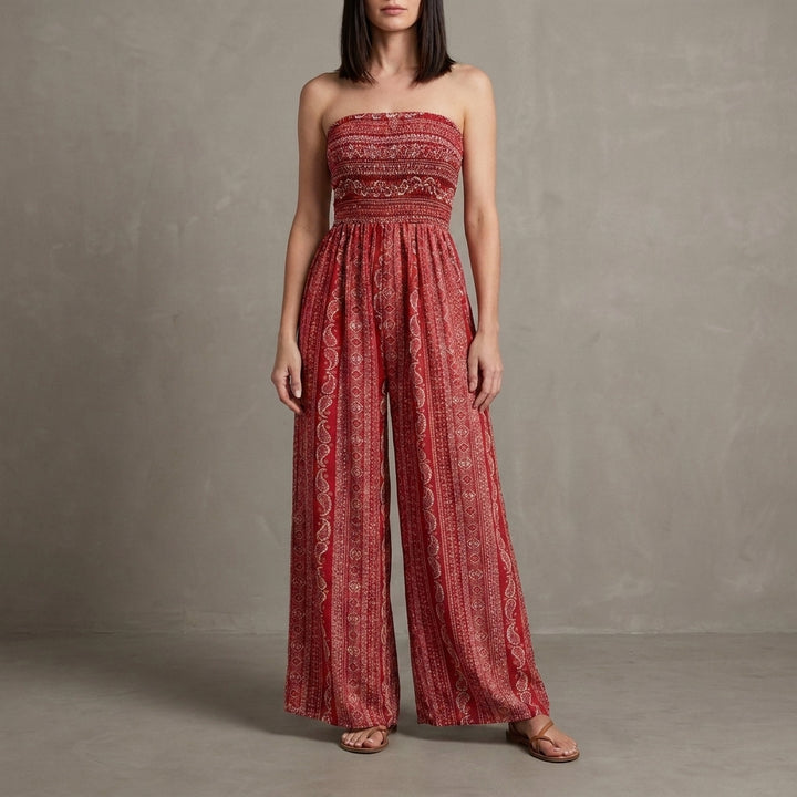 Smocked Strapless Wide Leg Jumpsuit with Ornamental Vertical Print