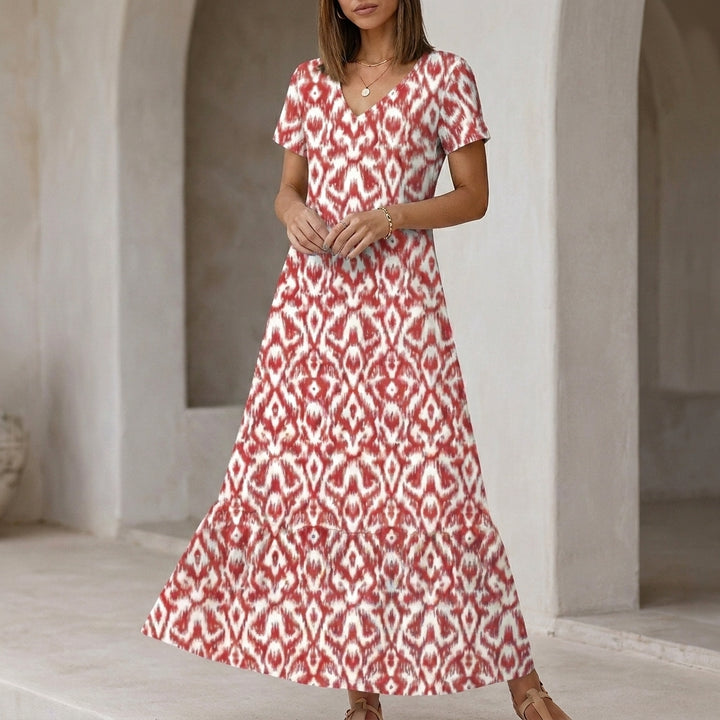Relaxed V-Neck Ikat Pattern Maxi Dress with Ruffled Tier Hem