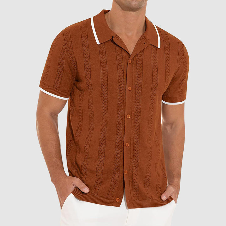 Textured Knit Resort Shirt with Contrast Trim Collar and Button Front