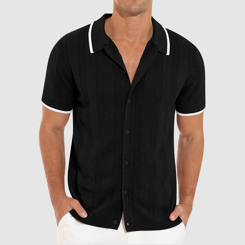Textured Knit Resort Shirt with Contrast Trim Collar and Button Front