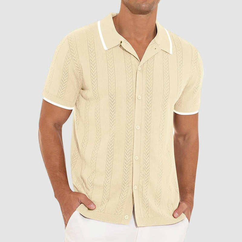 Textured Knit Resort Shirt with Contrast Trim Collar and Button Front