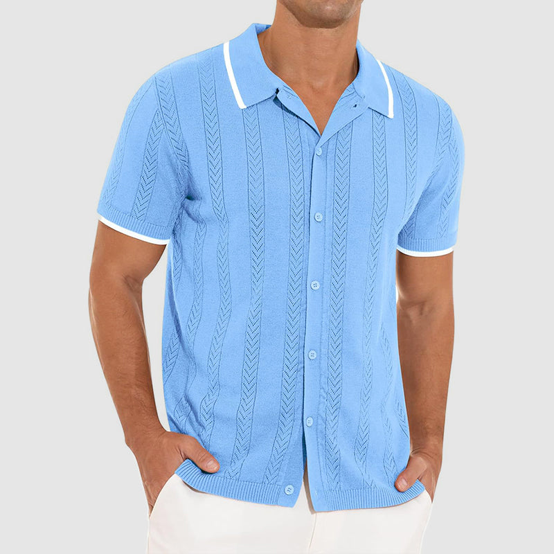 Textured Knit Resort Shirt with Contrast Trim Collar and Button Front