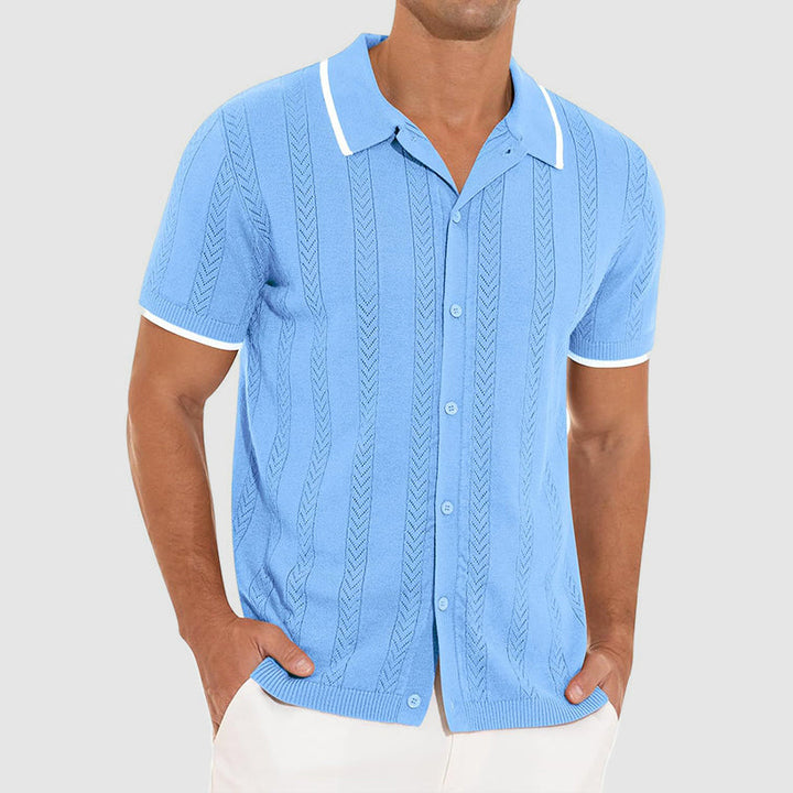 Textured Knit Resort Shirt with Contrast Trim Collar and Button Front