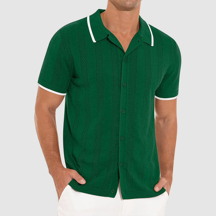 Textured Knit Resort Shirt with Contrast Trim Collar and Button Front