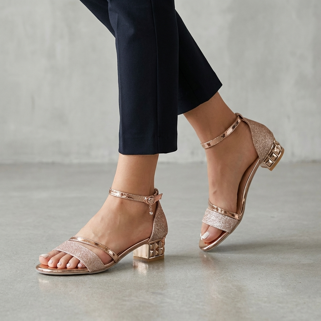Sculpted Block Heel Ankle-Strap Sandals with Reflective Charm