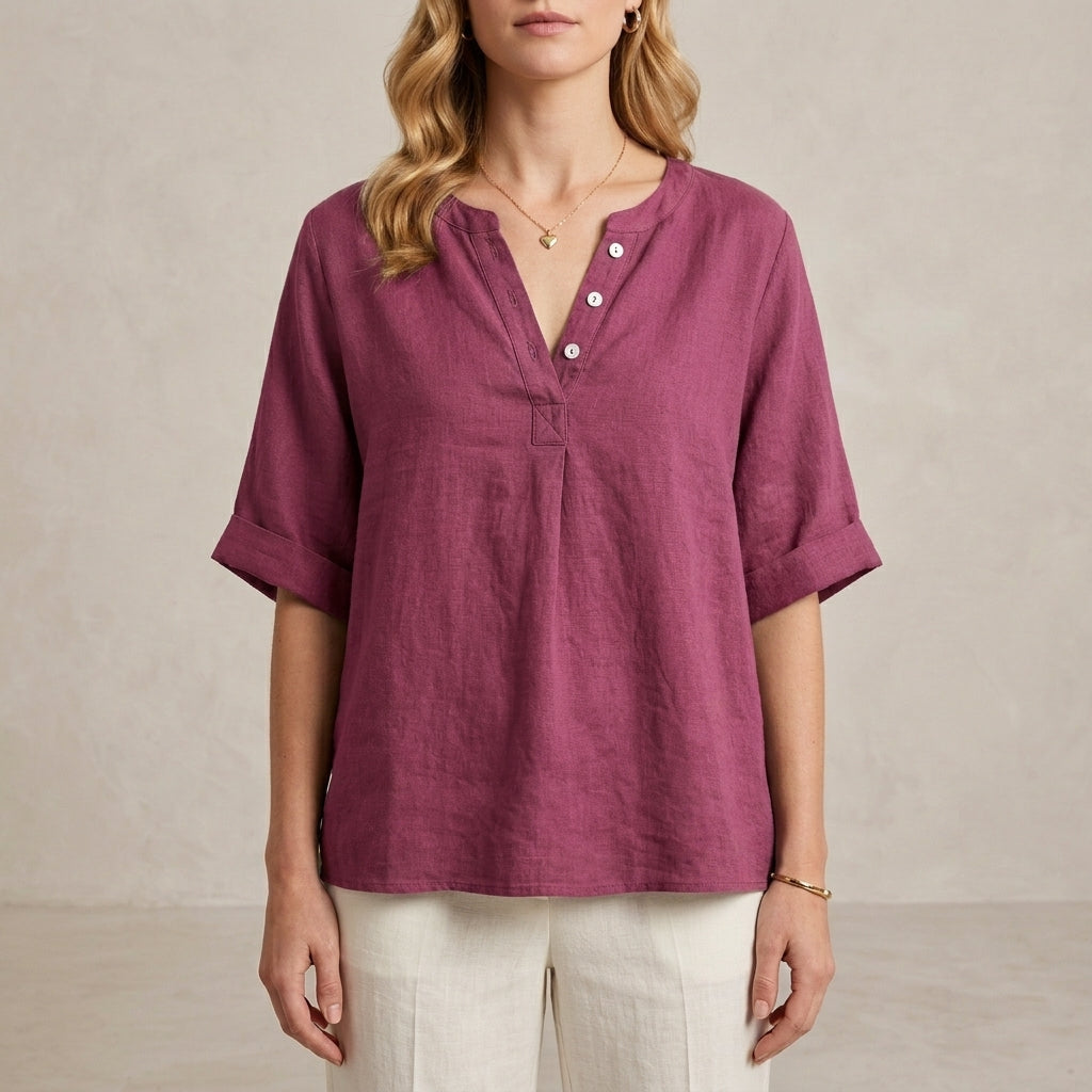 Relaxed Henley Blouse with Notched Neckline and Flowing Sleeves