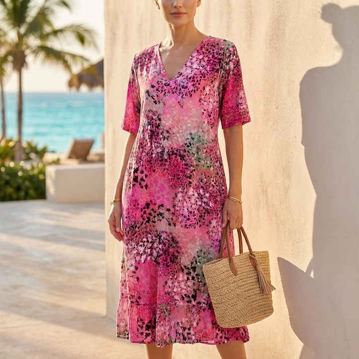 Chiffon Knee-Length V-Neck Dress with Lace Trim and Gathered Waist