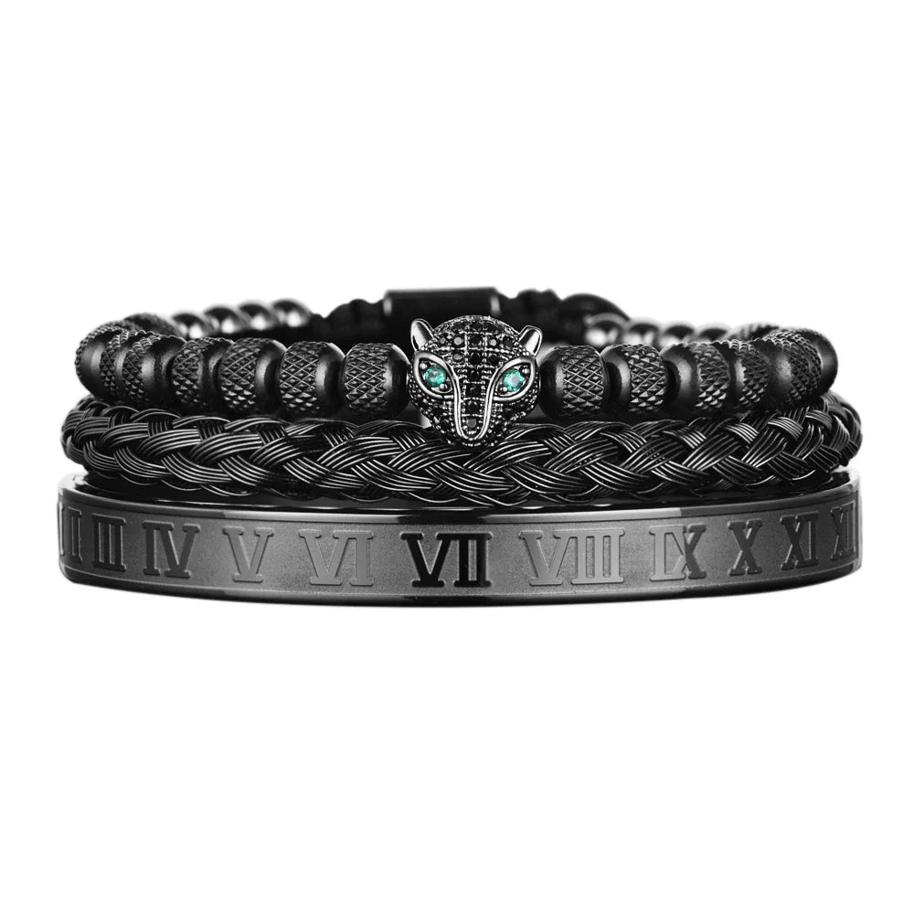 Oscar Panther Head Jeweled Cuff Bracelet Set | Textured Braided Beaded Bracelet