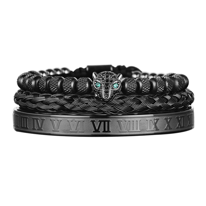 Oscar Panther Head Jeweled Cuff Bracelet Set | Textured Braided Beaded Bracelet