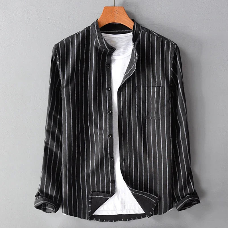 Relaxed Fit Linen Button-Up Shirt with Mandarin Collar and Stripe Detail