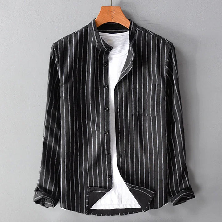 Relaxed Fit Linen Button-Up Shirt with Mandarin Collar and Stripe Detail