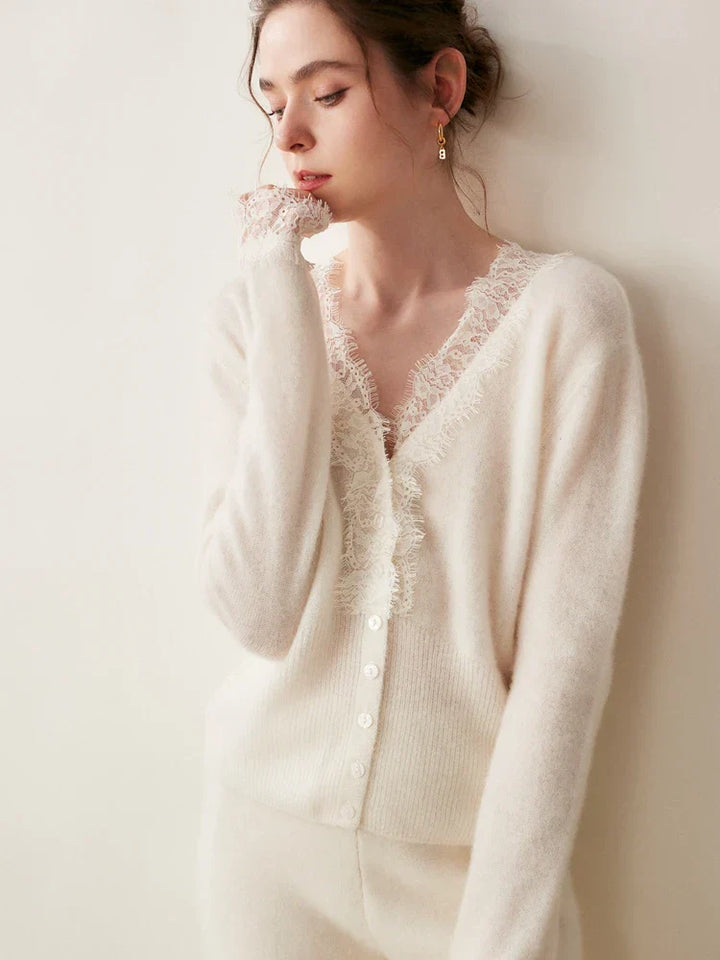 Rosie Fitted Cardigan | Lace Trim Button Front Cardigan
