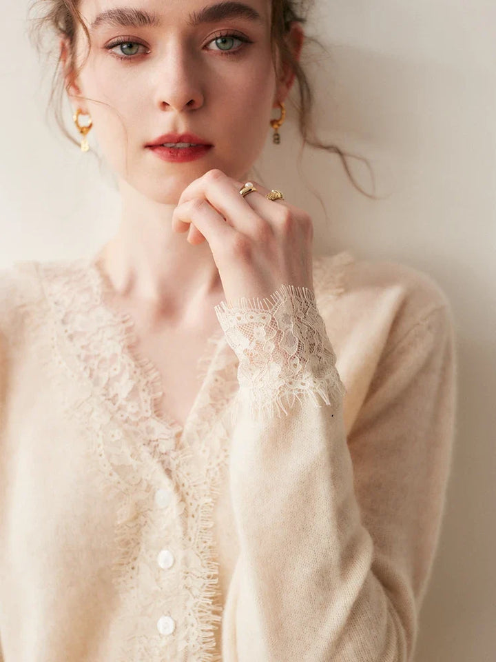 Rosie Fitted Cardigan | Lace Trim Button Front Cardigan