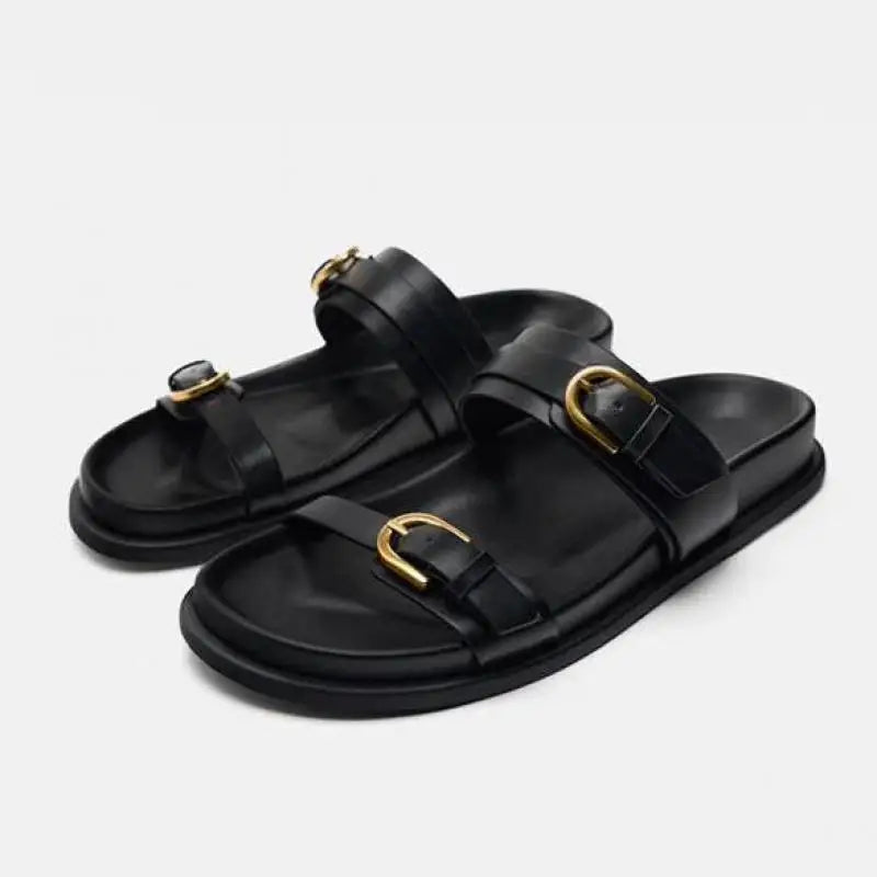 Double Strap Slide Sandals with Polished Circular Buckle Accents
