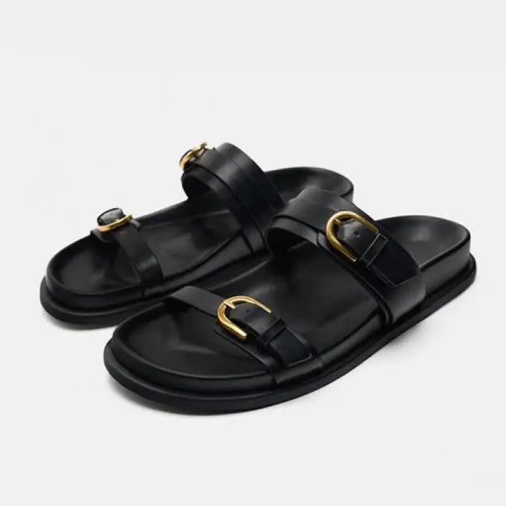 Double Strap Slide Sandals with Polished Circular Buckle Accents