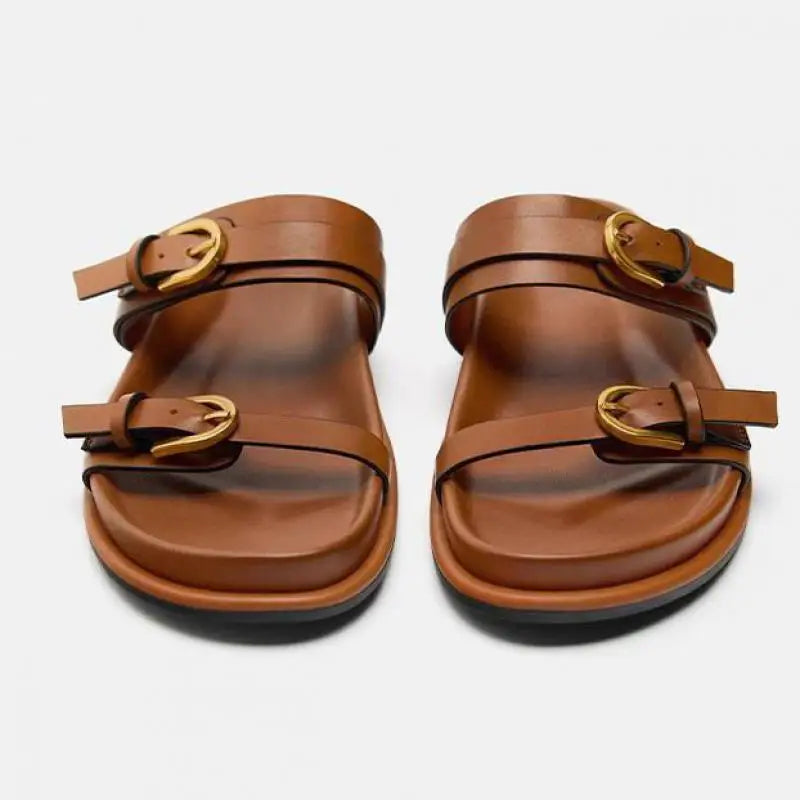 Double Strap Slide Sandals with Polished Circular Buckle Accents