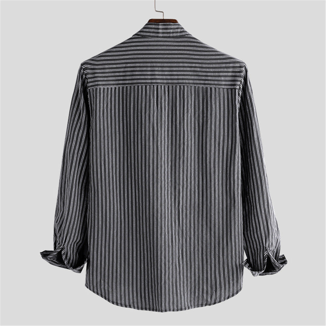 Relaxed Fit Linen Button-Up Shirt with Mandarin Collar and Stripe Detail