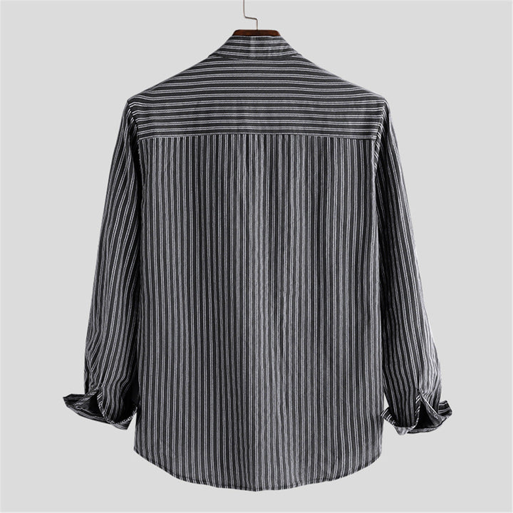 Relaxed Fit Linen Button-Up Shirt with Mandarin Collar and Stripe Detail