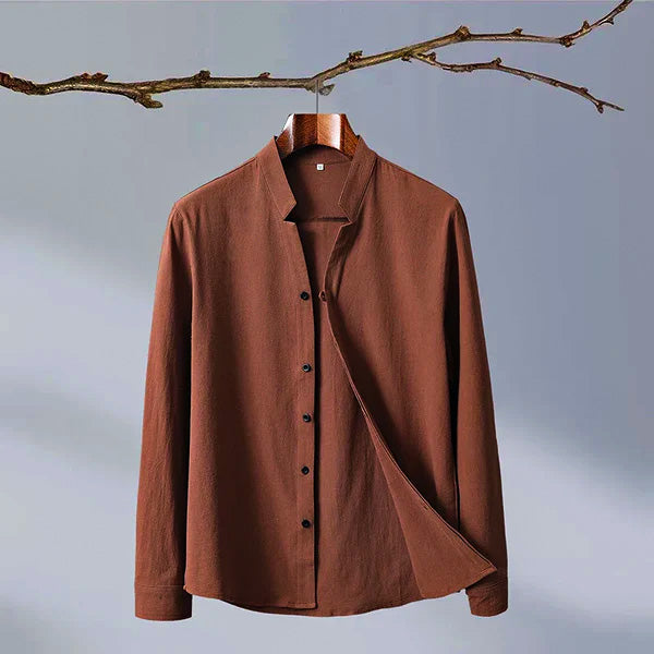 Relaxed-Fit Shirt with Band Collar and Button Front Detail