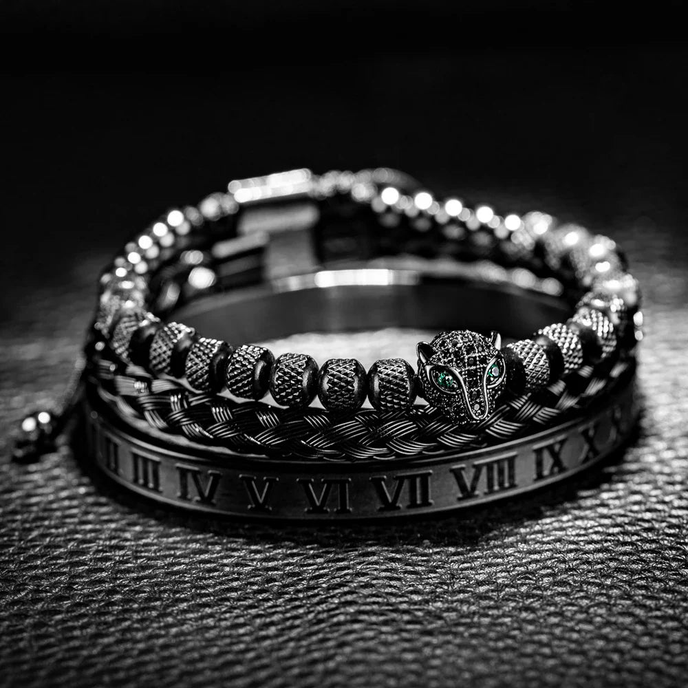 Oscar Panther Head Jeweled Cuff Bracelet Set | Textured Braided Beaded Bracelet