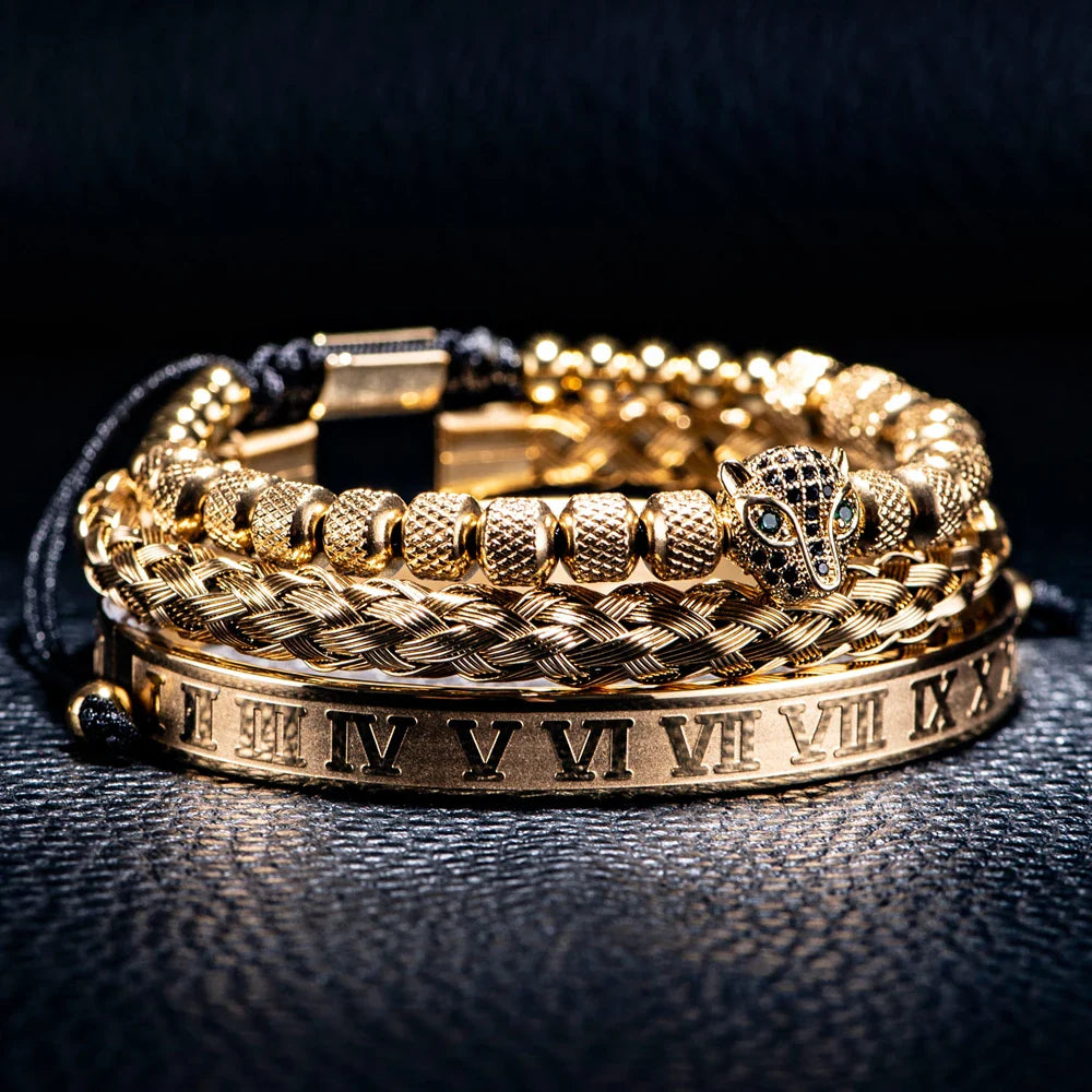Oscar Panther Head Jeweled Cuff Bracelet Set | Textured Braided Beaded Bracelet