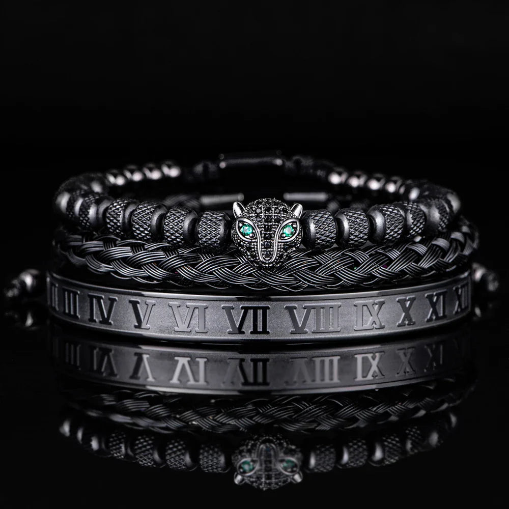 Oscar Panther Head Jeweled Cuff Bracelet Set | Textured Braided Beaded Bracelet