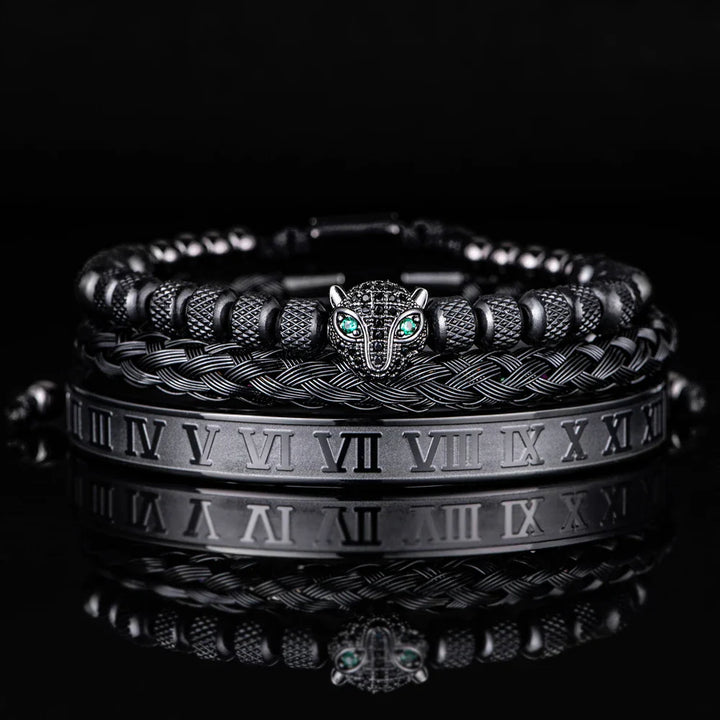 Oscar Panther Head Jeweled Cuff Bracelet Set | Textured Braided Beaded Bracelet