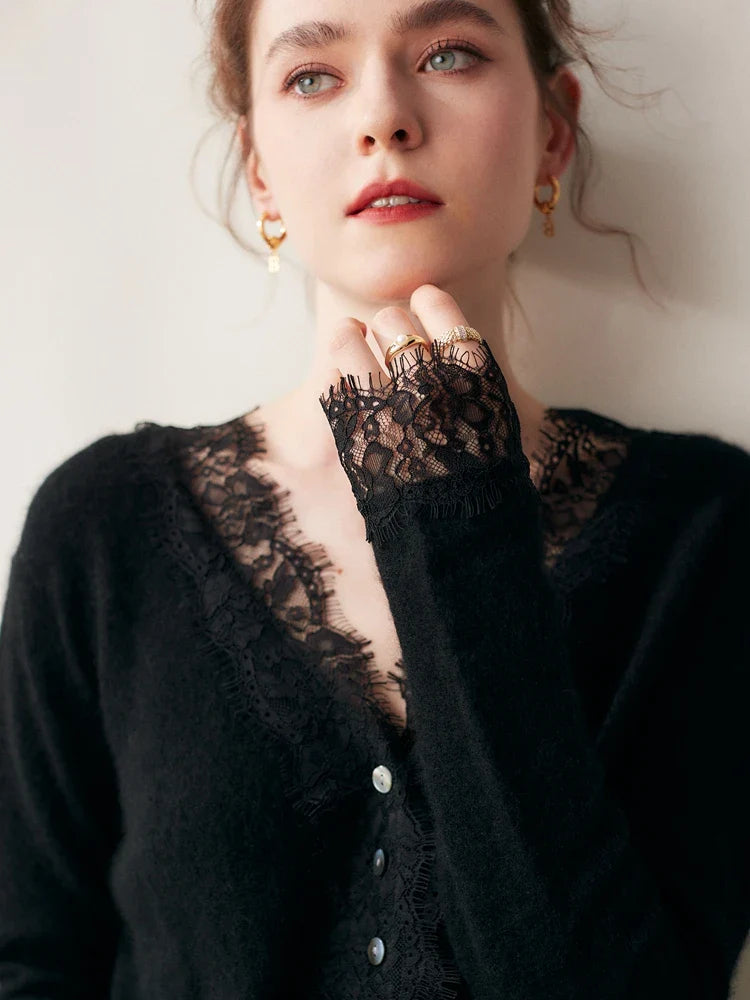 Rosie Fitted Cardigan | Lace Trim Button Front Cardigan