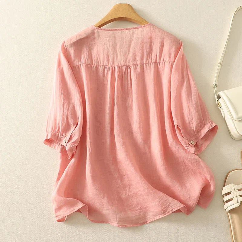 Relaxed Embroidered V-Neck Blouse with Artisan Detailing