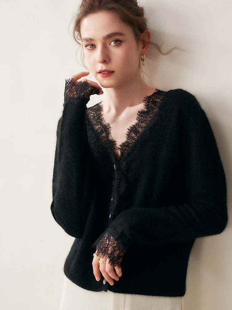 Rosie Fitted Cardigan | Lace Trim Button Front Cardigan
