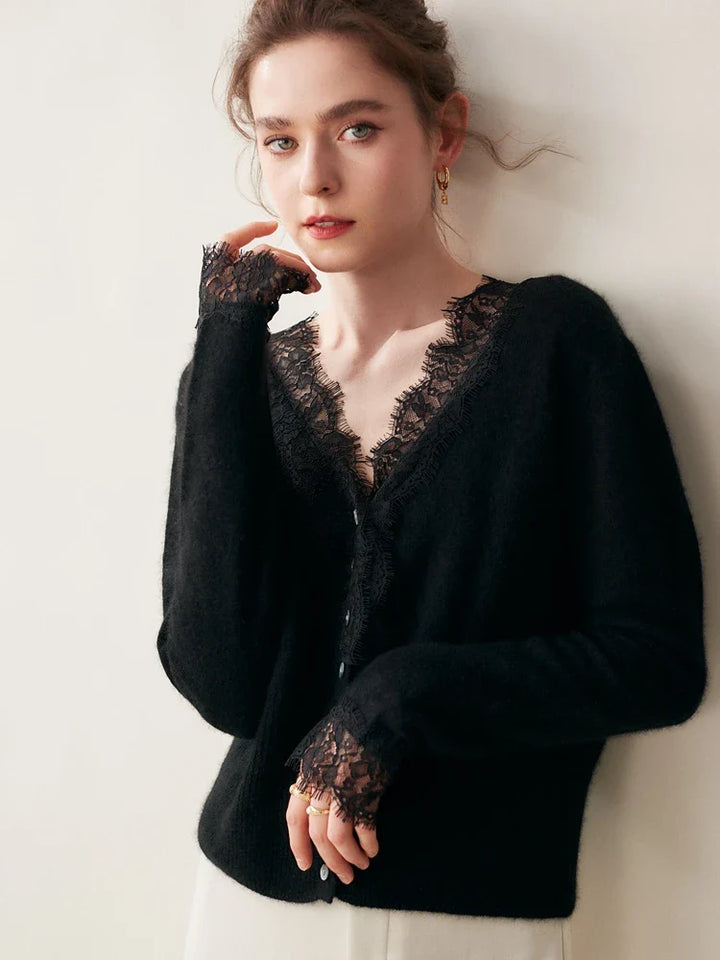 Rosie Fitted Cardigan | Lace Trim Button Front Cardigan