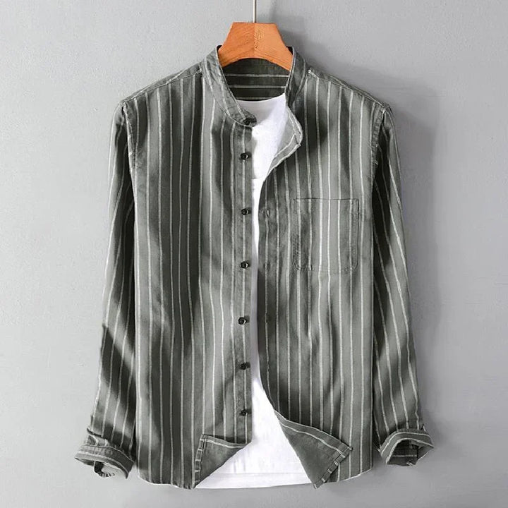 Relaxed Fit Linen Button-Up Shirt with Mandarin Collar and Stripe Detail