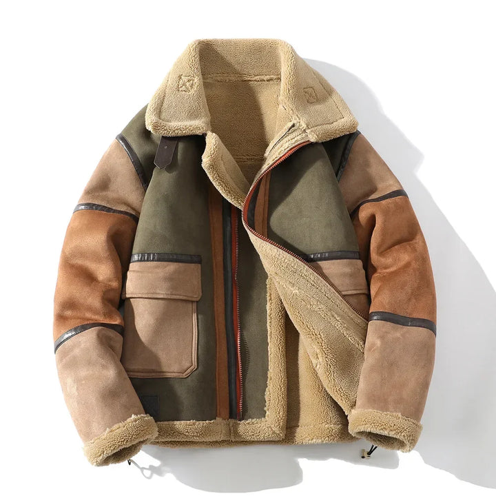Oliver Relaxed Fit Shearling Jacket | Color Block Zip Front Jacket